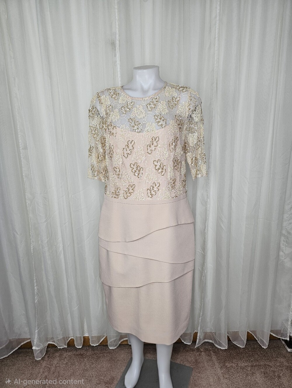 Rickie Freeman Teri Jon Illusion Sequin Lace Tiered Blush Champagne Midi Dress